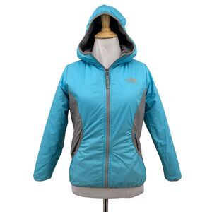 The North Face Reversible Jacket Girls Youth M Medium Aqua Grey Quilted Filled